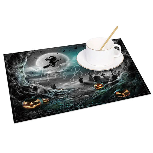 Lofaris Halloween Night Set of 4 Placemats with Witch Bat and Cemetery for Spooky Gothic Party Decor