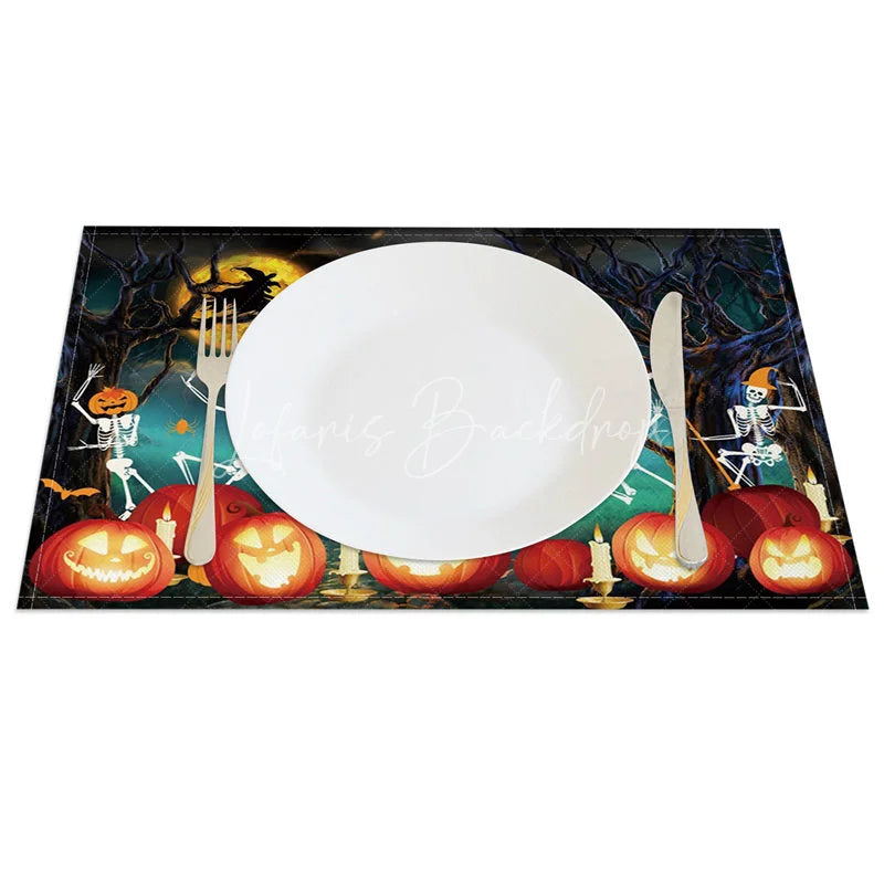 Lofaris Halloween Night Set of 4 Placemats with Witch Dancing Skeletons for Spooky and Fun Party Decor