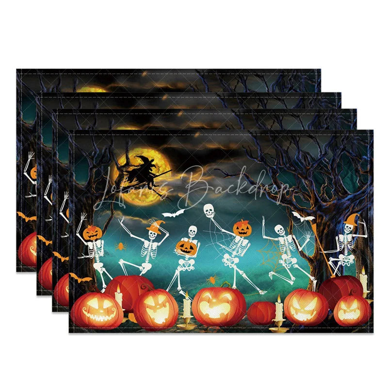 Lofaris Halloween Night Set of 4 Placemats with Witch Dancing Skeletons for Spooky and Fun Party Decor