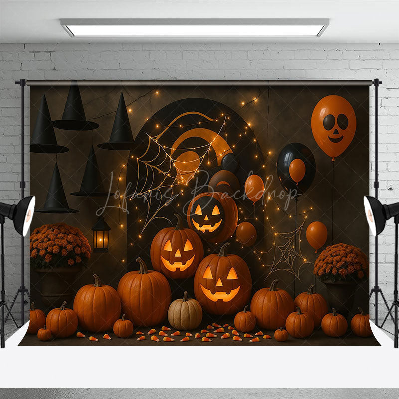 Lofaris Halloween Party Photography Backdrop Jack-o-lanterns with Witch Hats Spooky Balloons and String Lights Decor