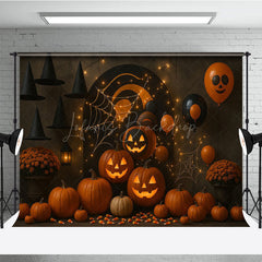 Lofaris Halloween Party Photography Backdrop Jack-o-lanterns with Witch Hats Spooky Balloons and String Lights Decor