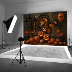 Lofaris Halloween Party Photography Backdrop Jack-o-lanterns with Witch Hats Spooky Balloons and String Lights Decor