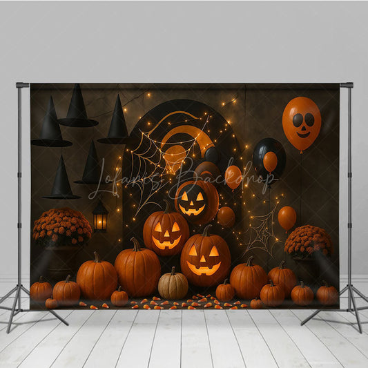 Lofaris Halloween Party Photography Backdrop Jack-o-lanterns with Witch Hats Spooky Balloons and String Lights Decor