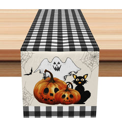 Lofaris Halloween Plaid Table Runner with Ghost and Cat Spooky Pumpkin Patch Design Fun Kids Trick or Treat Party Decor