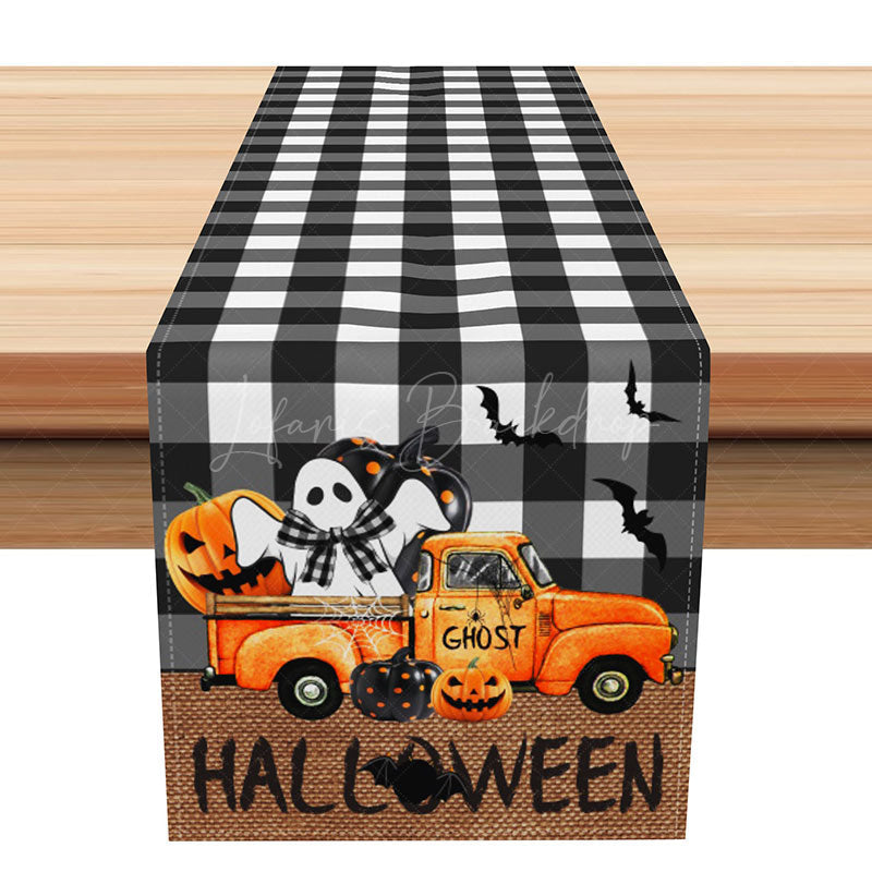 Lofaris Halloween Plaid Table Runner with Pumpkin and Ghost Spooky Cute Design Kids Party Decoration