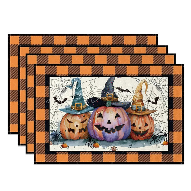 Lofaris Halloween Pumpkin Bat and Cobweb Set of 4 Placemats with Orange Frame for Spooky Party Decor