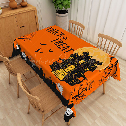 Lofaris Halloween Rectangle Tablecloth with Orange Black and White Jack O’ Lanterns for Spooky Party Decor