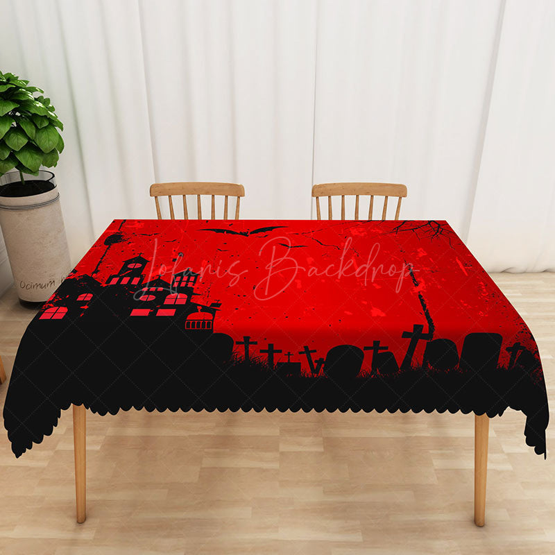 Lofaris Halloween Rectangle Tablecloth with Red Haunted House and Black Bats for Spooky Holiday Party Decor