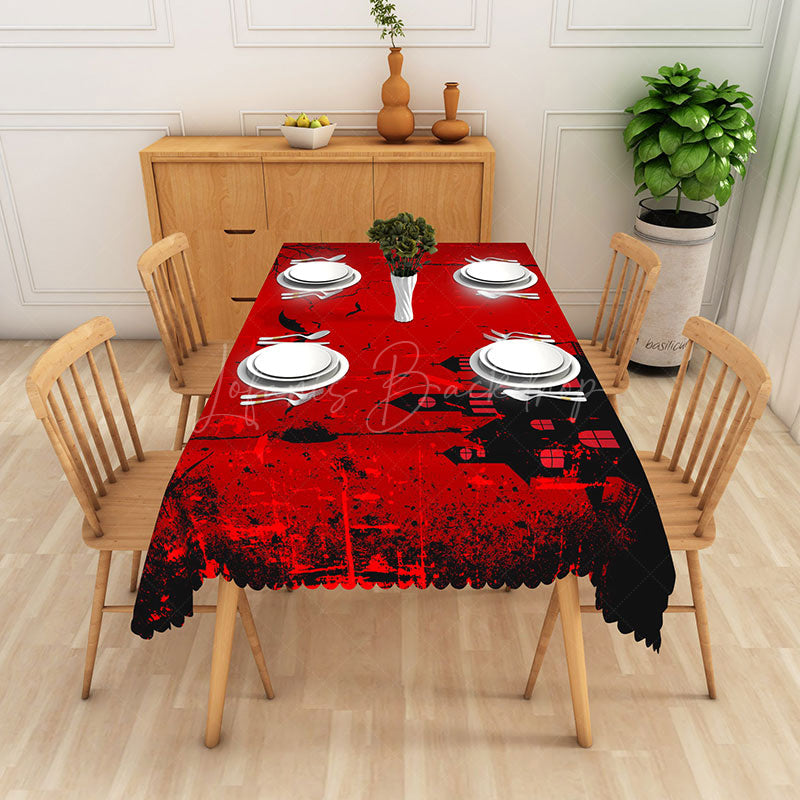 Lofaris Halloween Rectangle Tablecloth with Red Haunted House and Black Bats for Spooky Holiday Party Decor