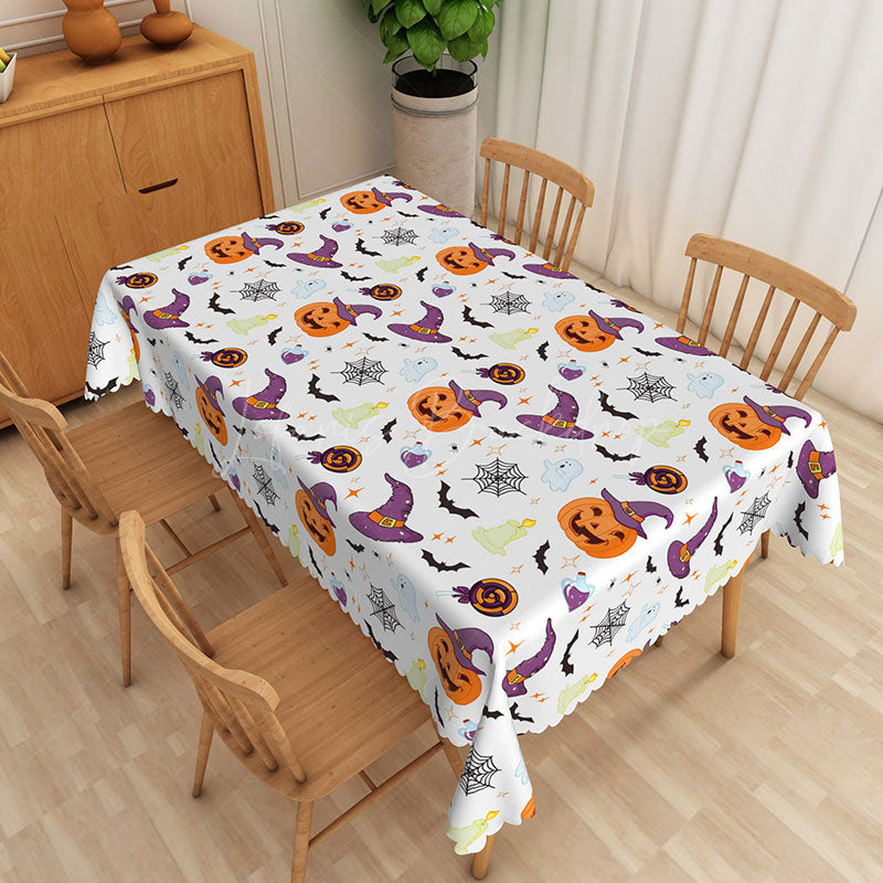 Lofaris Halloween Rectangle Tablecloth with Witch Hats Pumpkins and Bats for Spooky Fun Party Decor