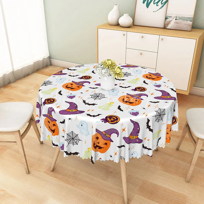 Lofaris Halloween Round Tablecloth with Jack-O’-Lanterns Bats and Ghosts for Spooky Kids Party Decor
