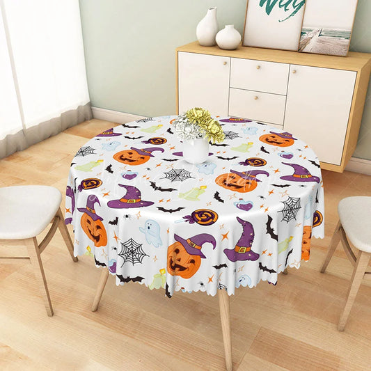 Lofaris Halloween Round Tablecloth with Jack-O’-Lanterns Bats and Ghosts for Spooky Kids Party Decor