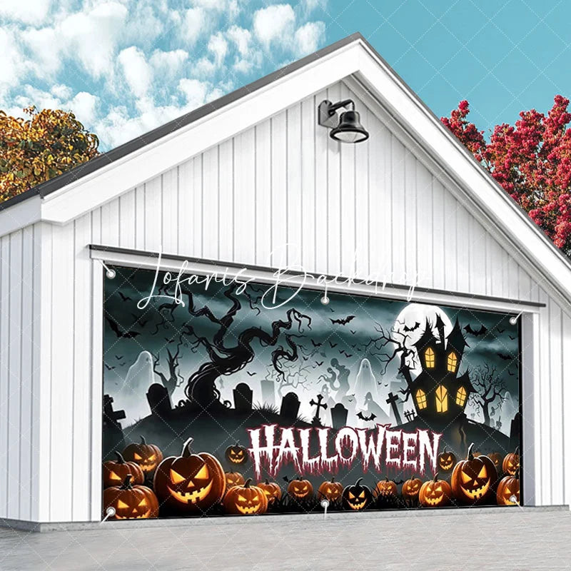 Lofaris Halloween Spooky Garage Door Banner Haunted House with Carved Pumpkins and Full Moon Decor