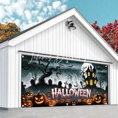 Lofaris Halloween Spooky Garage Door Banner Haunted House with Carved Pumpkins and Full Moon Decor
