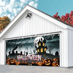 Lofaris Halloween Spooky Garage Door Banner Haunted House with Carved Pumpkins and Full Moon Decor