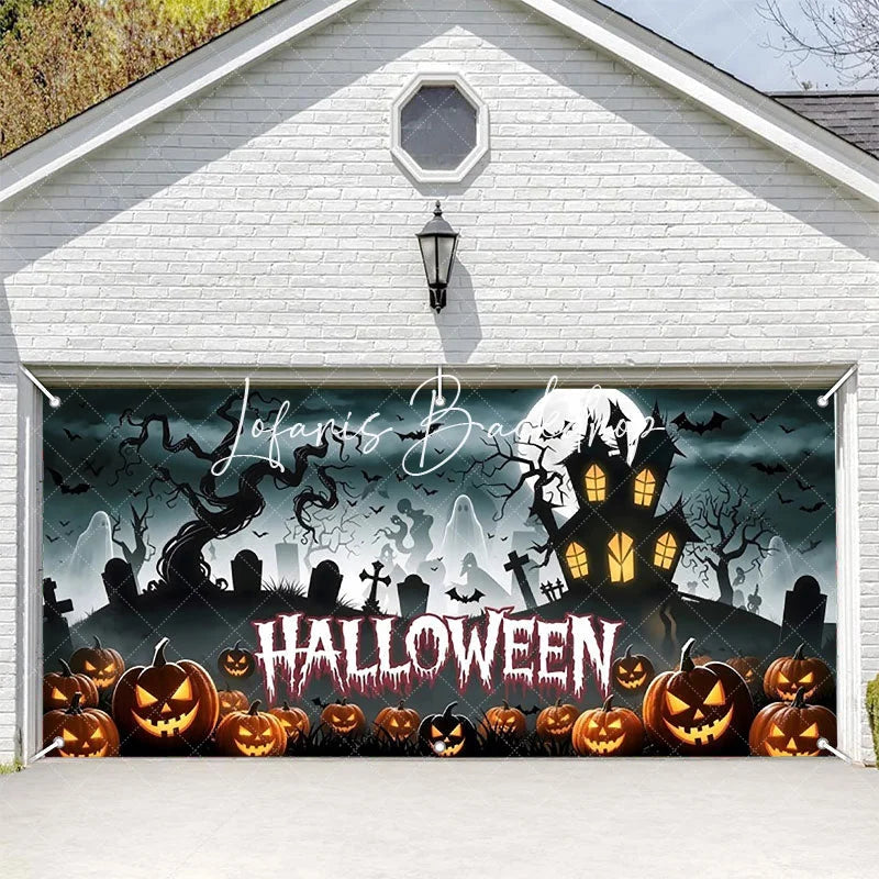 Lofaris Halloween Spooky Garage Door Banner Haunted House with Carved Pumpkins and Full Moon Decor