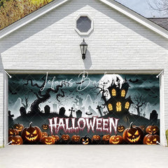 Lofaris Halloween Spooky Garage Door Banner Haunted House with Carved Pumpkins and Full Moon Decor