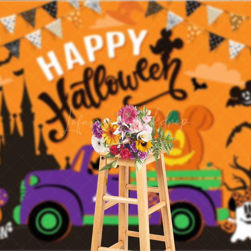 Lofaris Halloween Town Inspired Backdrop with Purple Truck Spooky Castle and Mouse Ear Pumpkins Cartoon Party Decor