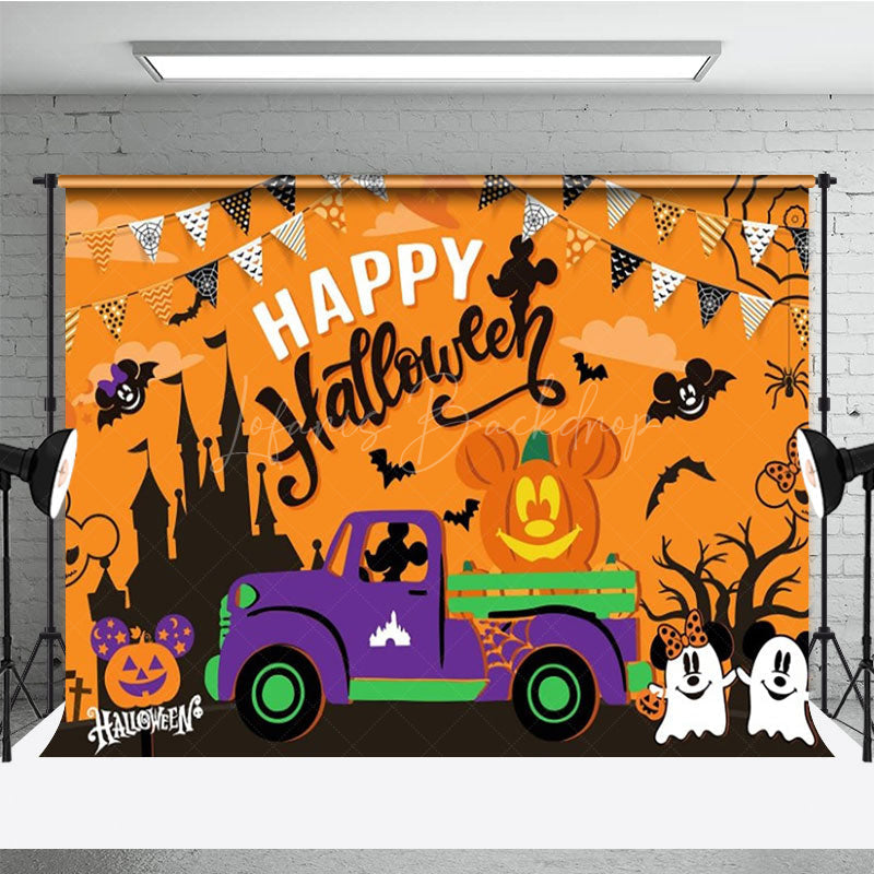 Lofaris Halloween Town Inspired Backdrop with Purple Truck Spooky Castle and Mouse Ear Pumpkins Cartoon Party Decor