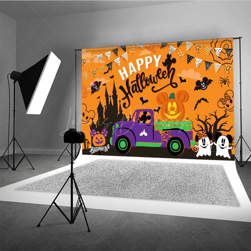 Lofaris Halloween Town Inspired Backdrop with Purple Truck Spooky Castle and Mouse Ear Pumpkins Cartoon Party Decor