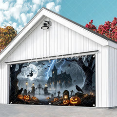 Lofaris Halloween Witch Full Moon Haunted Mansion Garage Door Banner Spooky Graveyard Jack-o’-Lanterns Decor