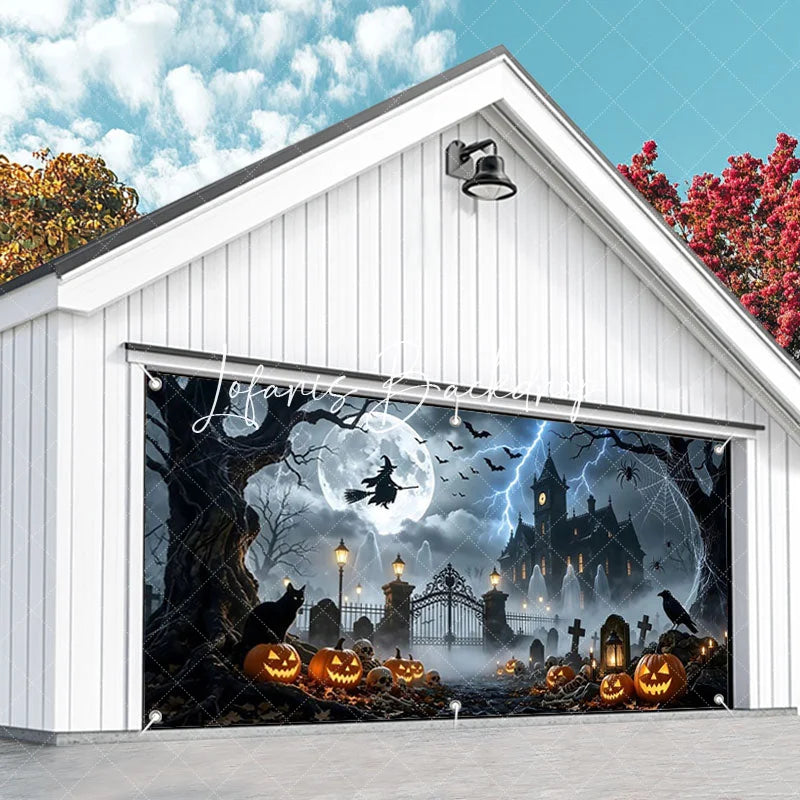 Lofaris Halloween Witch Full Moon Haunted Mansion Garage Door Banner Spooky Graveyard Jack-o’-Lanterns Decor