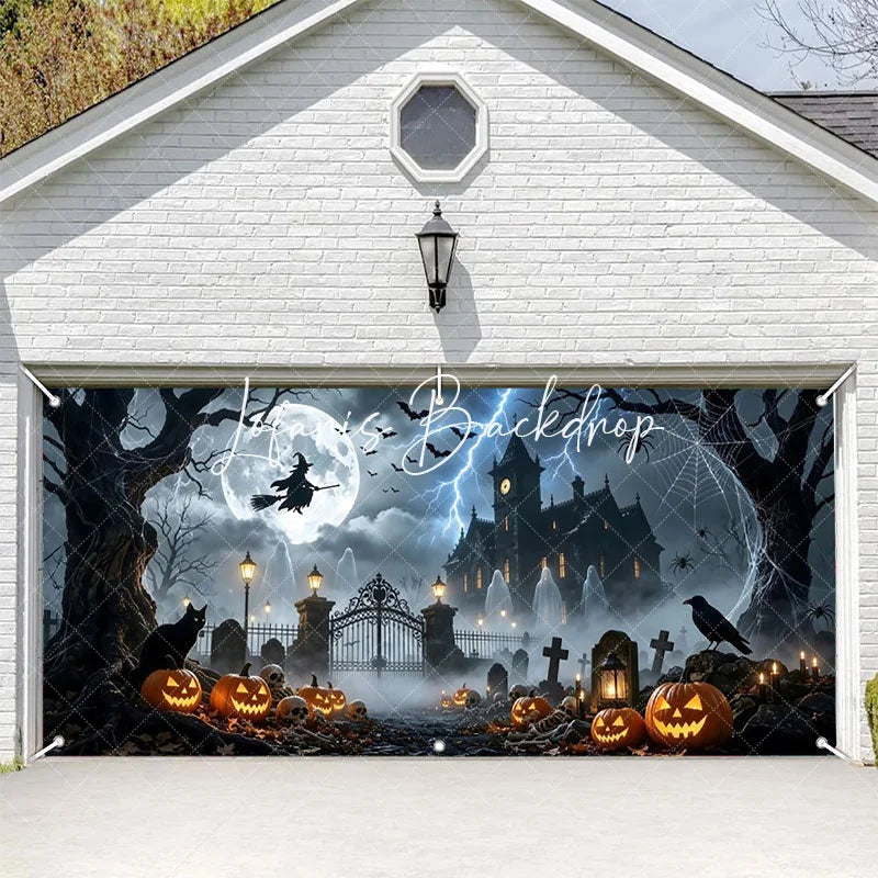 Lofaris Halloween Witch Full Moon Haunted Mansion Garage Door Banner Spooky Graveyard Jack-o’-Lanterns Decor