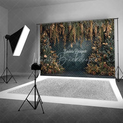 Lofaris Hanging Gold Pine Cone Christmas Backdrop Blue Winter Floral Photography Background