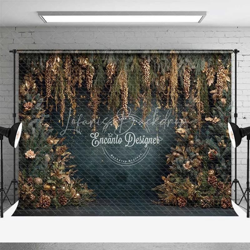 Lofaris Hanging Gold Pine Cone Christmas Backdrop Blue Winter Floral Photography Background