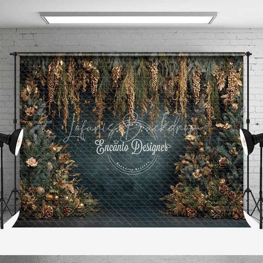 Lofaris Hanging Gold Pine Cone Christmas Backdrop Blue Winter Floral Photography Background