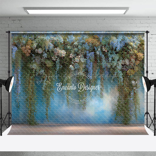 Lofaris Hanging Greenery and Succulent Wall Photography Backdrop Blue Purple Floral Modern Wedding Photo Background