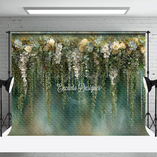 Lofaris Hanging Greenery and White Rose Photography Backdrop Eucalyptus Floral Wall Elegant Wedding Photo Background