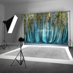 Lofaris Hanging Wisteria Photography Backdrop with Teal Drapes Colorful Floral Elegant Maternity or Wedding Background