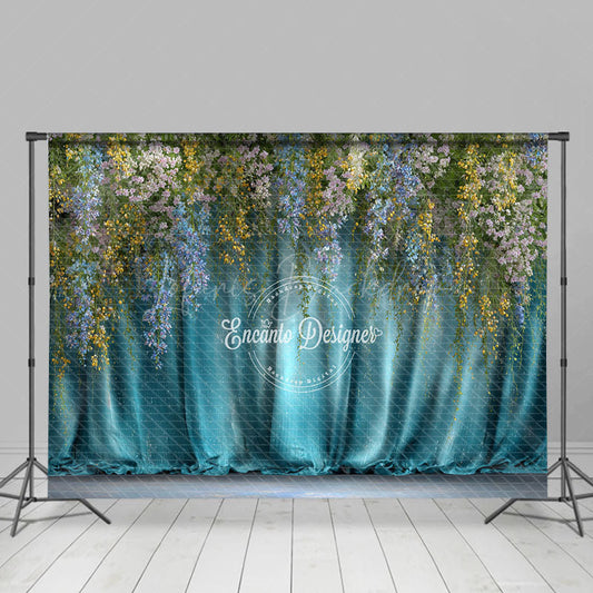 Lofaris Hanging Wisteria Photography Backdrop with Teal Drapes Colorful Floral Elegant Maternity or Wedding Background