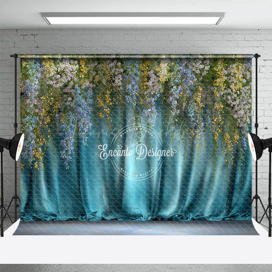 Lofaris Hanging Wisteria Photography Backdrop with Teal Drapes Colorful Floral Elegant Maternity or Wedding Background