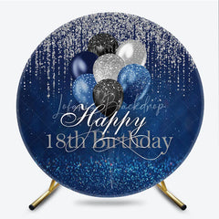 Lofaris Happy 18th Birthday Round Backdrop Navy Blue Silver Balloon Party Decoration Glitter Drip Background