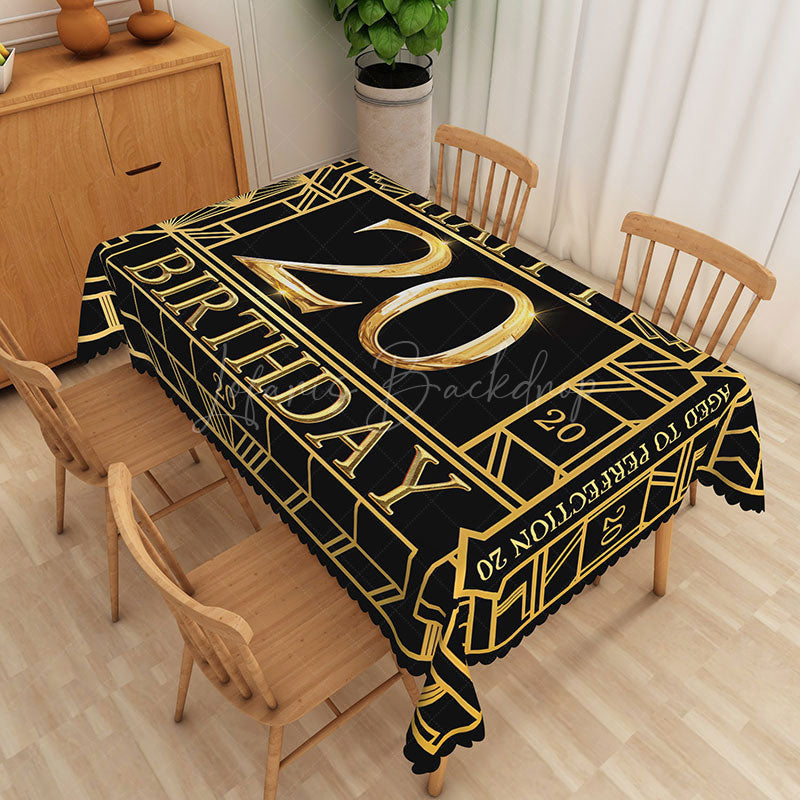 Lofaris Happy 20th Birthday Tablecloth in Black and Gold Elegant Party Decorations for Milestone Celebration
