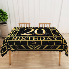 Lofaris Happy 20th Birthday Tablecloth in Black and Gold Elegant Party Decorations for Milestone Celebration