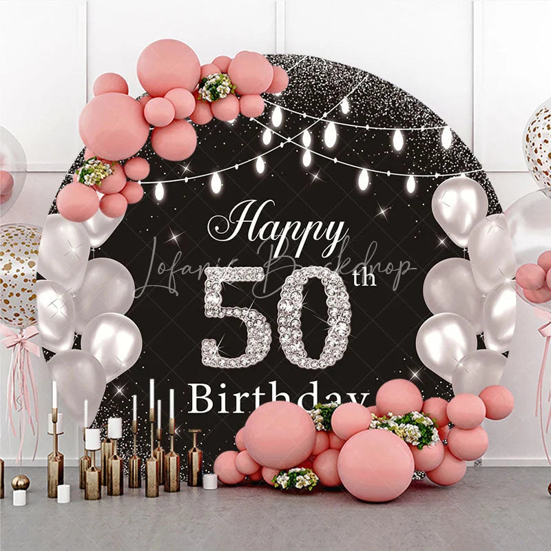 Lofaris Happy 50th Birthday Round Backdrop Black Silver Glitter Diamond Celebration Elegant Party Decor