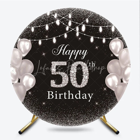 Lofaris Happy 50th Birthday Round Backdrop Black Silver Glitter Diamond Celebration Elegant Party Decor