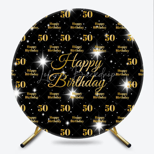 Lofaris Happy 50th Birthday Round Backdrop Gold Glitter Number 50 on Black Pattern Background Milestone Fifty Years Party Decor