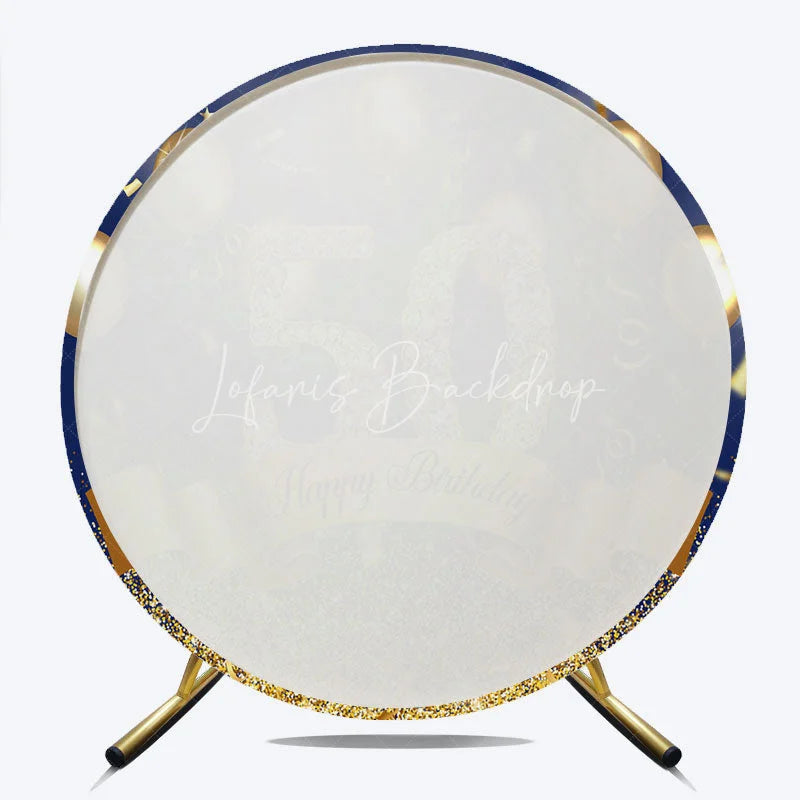 Lofaris Happy 50th Birthday Round Backdrop for Him or Her Royal Blue and Gold with Diamonds Cheers to 50 Years Party