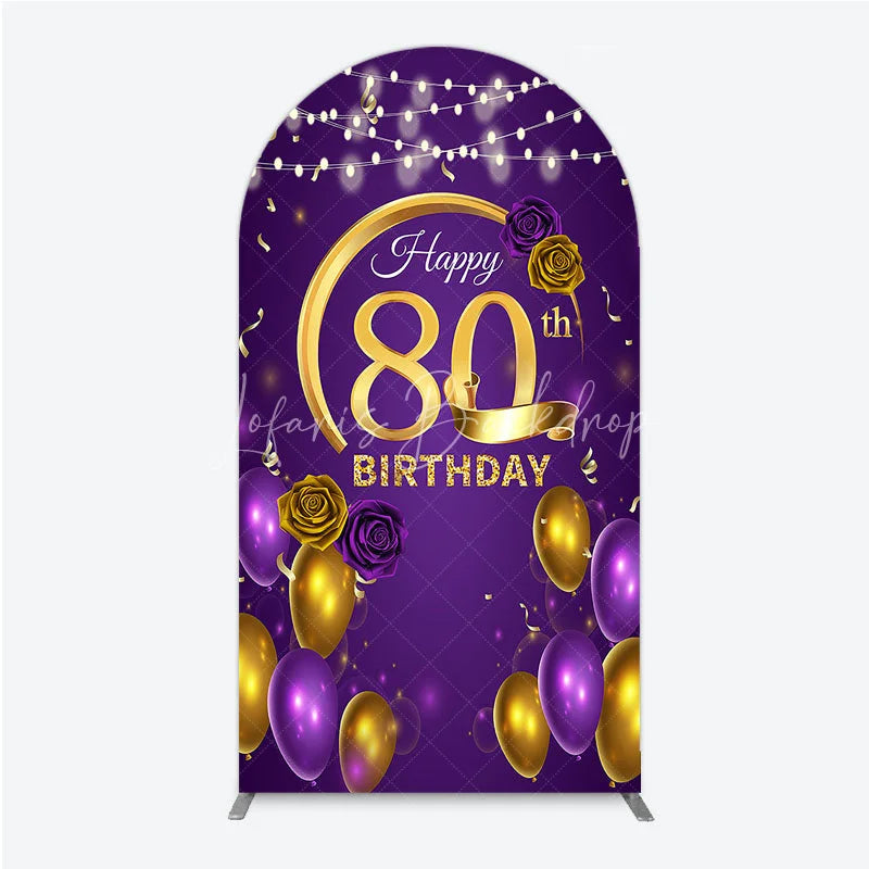 Lofaris Happy 80th Birthday Arch Backdrop for Her Purple and Gold Balloons with String Lights Elegant Party Decor