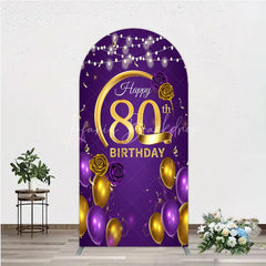 Lofaris Happy 80th Birthday Arch Backdrop for Her Purple and Gold Balloons with String Lights Elegant Party Decor