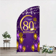Lofaris Happy 80th Birthday Half Moon Arch Backdrop for Her Purple and Gold Balloons with String Lights Elegant Party Decor
