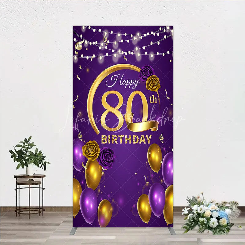 Lofaris Happy 80th Birthday Rectangle Backdrop for Her Purple and Gold Balloons with String Lights Elegant Party Decor