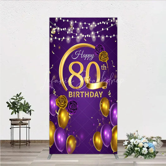 Lofaris Happy 80th Birthday Rectangle Backdrop for Her Purple and Gold Balloons with String Lights Elegant Party Decor