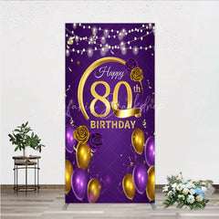 Lofaris Happy 80th Birthday Rectangle Backdrop for Her Purple and Gold Balloons with String Lights Elegant Party Decor