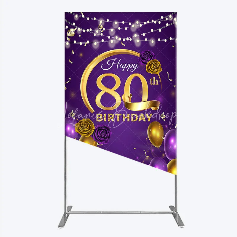 Lofaris Happy 80th Birthday Rectangle Backdrop for Her Purple and Gold Balloons with String Lights Elegant Party Decor