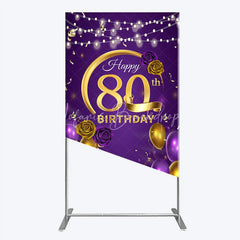 Lofaris Happy 80th Birthday Rectangle Backdrop for Her Purple and Gold Balloons with String Lights Elegant Party Decor